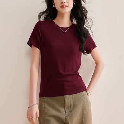 专柜正品天丝短袖T恤女2026夏季新款圆领上衣修身显瘦羊毛打底衫