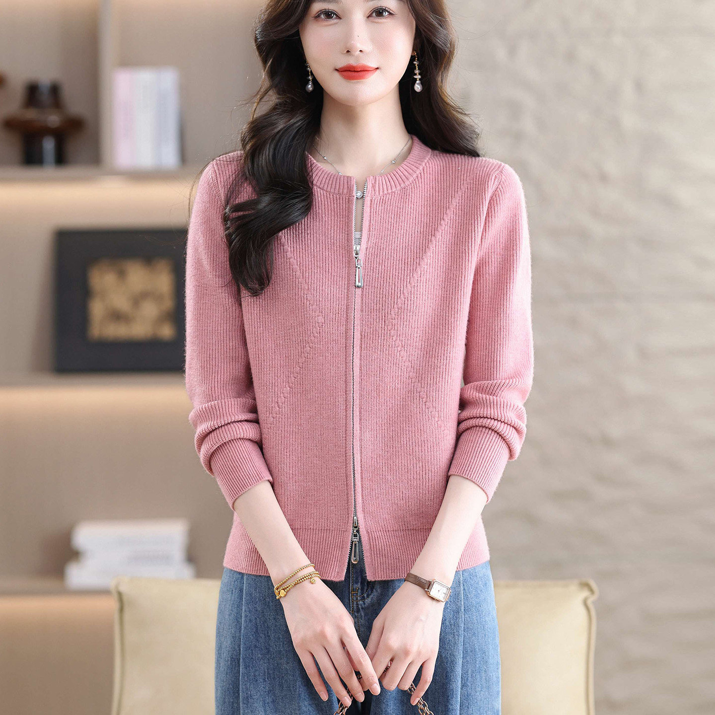 鄂尔多斯市羊毛针织衫女开衫2026春季新款双拉链短款圆领毛衣外套