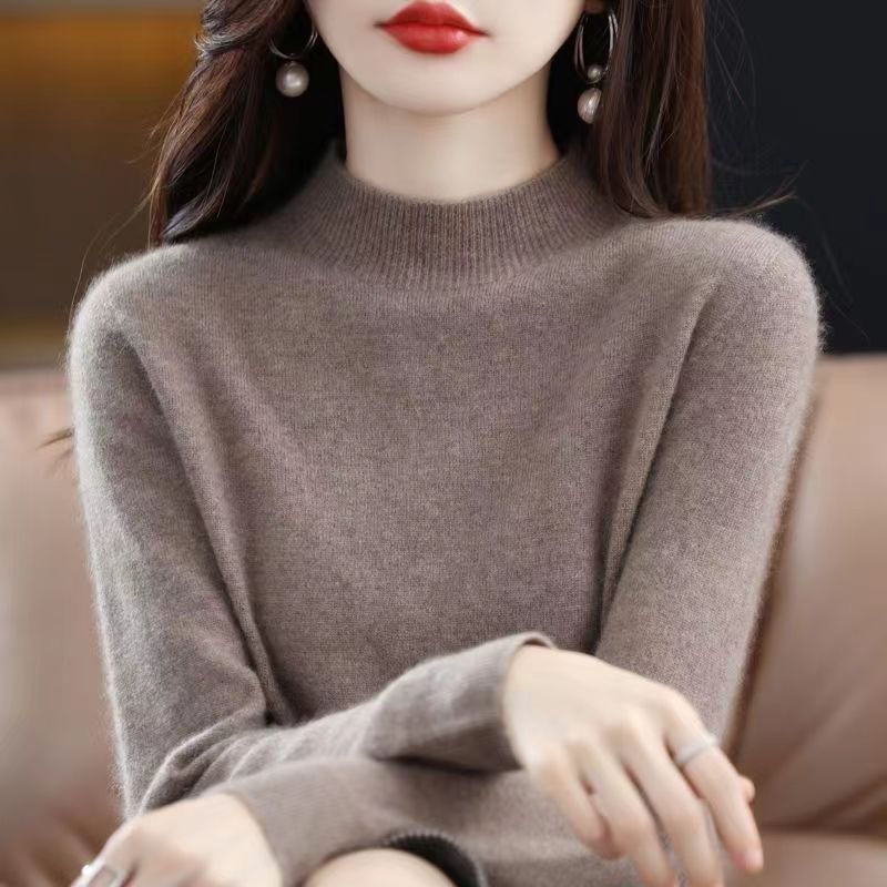 鄂尔多斯市100%纯羊毛衫女秋冬新款羊绒打底衫宽松半高领套头毛衣