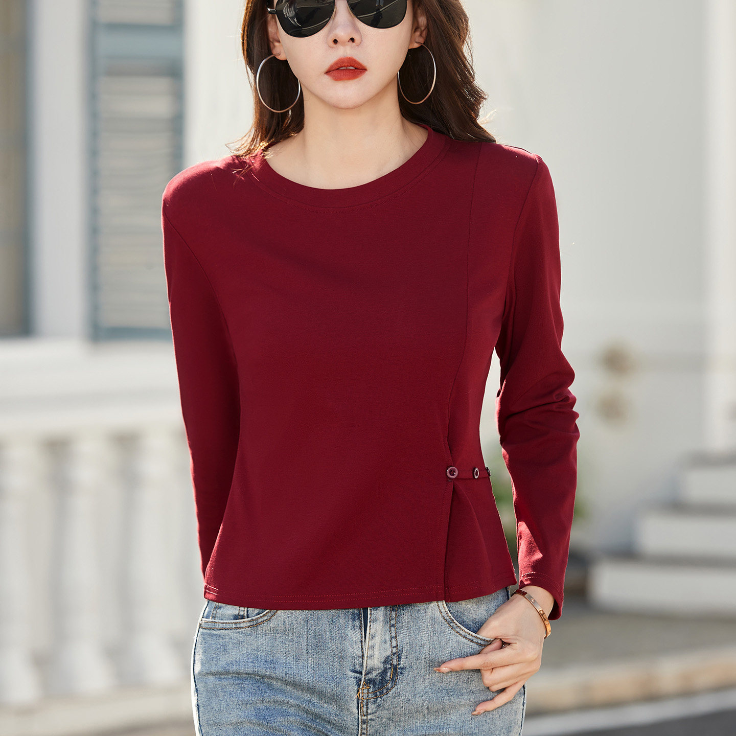 专柜正品纯棉长袖T恤女2026春季新款圆领上衣短款修身显瘦打底衫