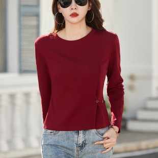 专柜正品纯棉长袖T恤女2026春季新款圆领上衣短款修身显瘦打底衫