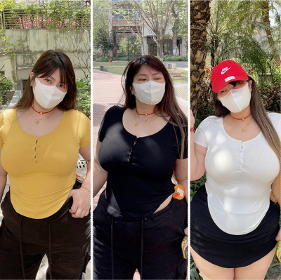 大码女装基础纽扣上衣纯色T恤