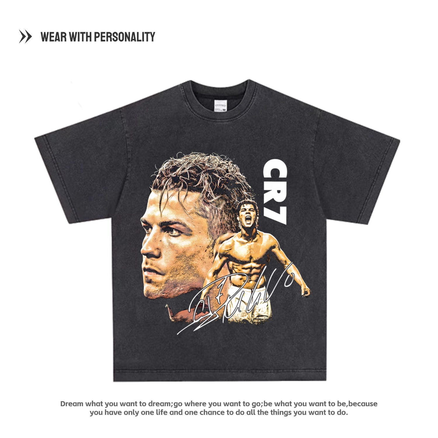 C羅Cristiano Ronaldo美式人像數(shù)碼印花短袖t恤水洗做舊足球上衣