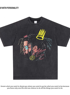 JCole科尔说唱vintage欧美复古水洗旧嘻哈数码直喷纯棉短袖t恤男