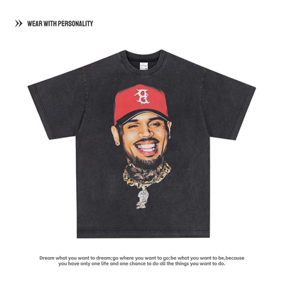 Chris Brown克里斯布朗 R&B歌手美式T恤数码印花做旧水洗宽松短袖