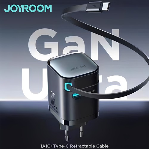 Joyroom USBA+C+Typec抽拉式欧标氮化镓充电器PD65W快充自带USB-C拉伸收缩线适用于iPhone17苹果1615三星手机