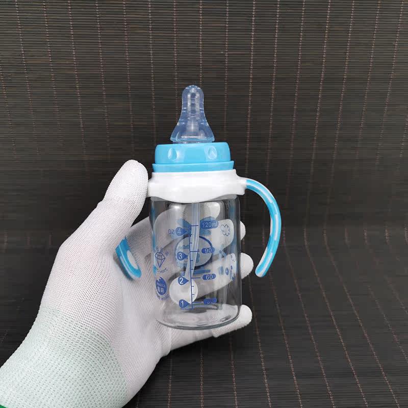 婴儿标准口径玻璃奶瓶120ml小容量手柄重力球吸管宝宝喝水学饮杯