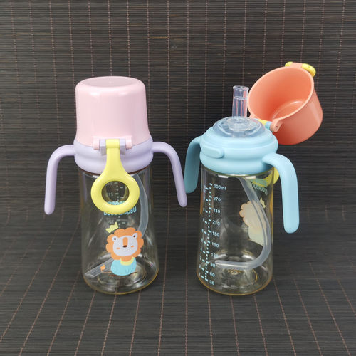宝宝喝水学饮杯300ml食品级PPSU塑料宽口径翻盖奶瓶带手柄吸管杯