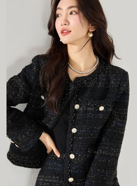 25秋季时髦洋气黑色粗花呢编织气质小香风套装外套15545半裙15546