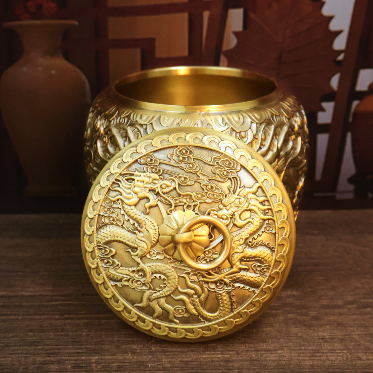 铜工艺品双龙茶叶罐摆件办公室桌