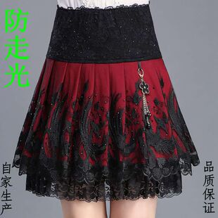 百褶裙女士春秋大码胖MM半身裙高腰显瘦蕾丝短裙中年妈妈广场舞裙