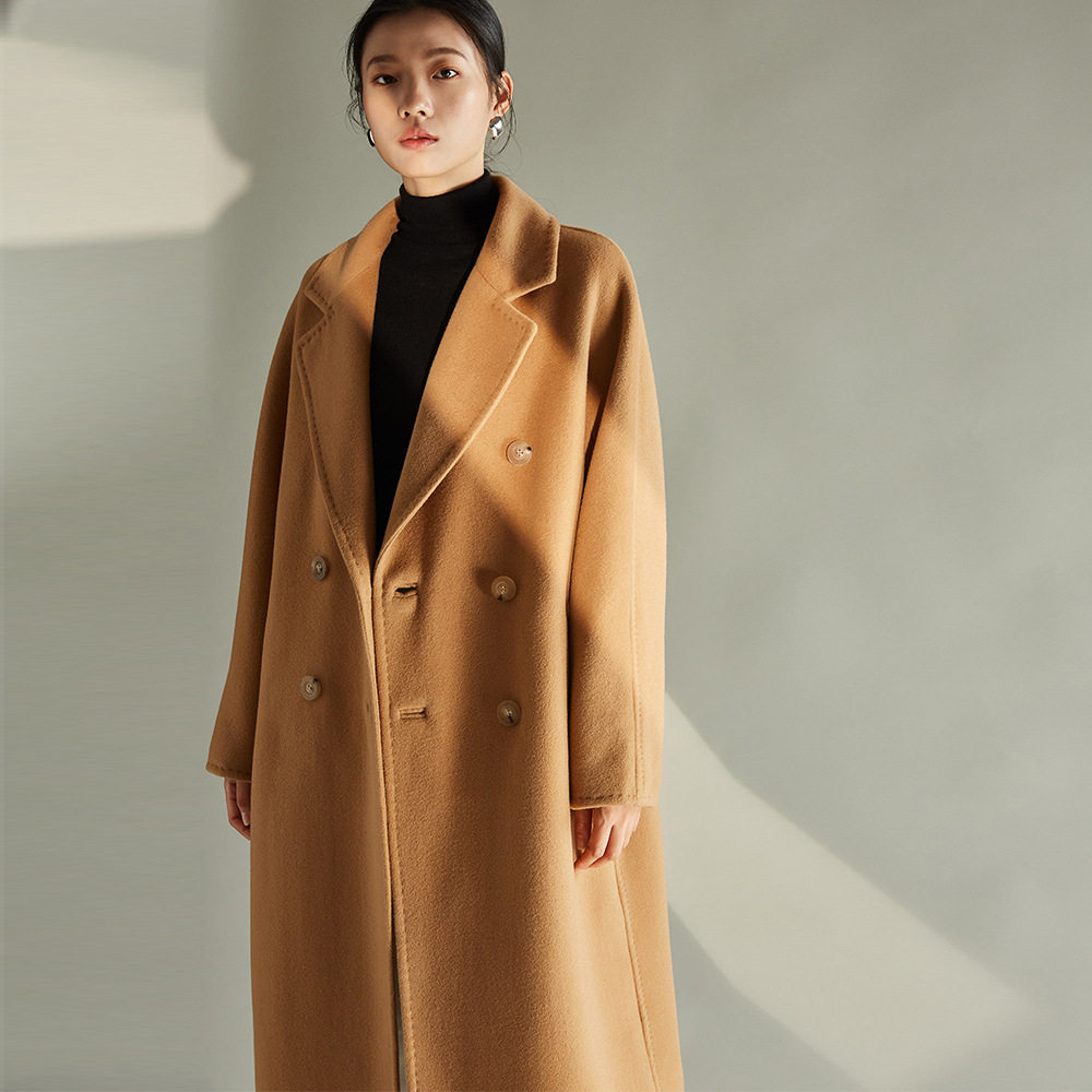 杭州圣都服饰【盛都】加厚双面羊绒大衣女中长款双排扣米白色羊毛