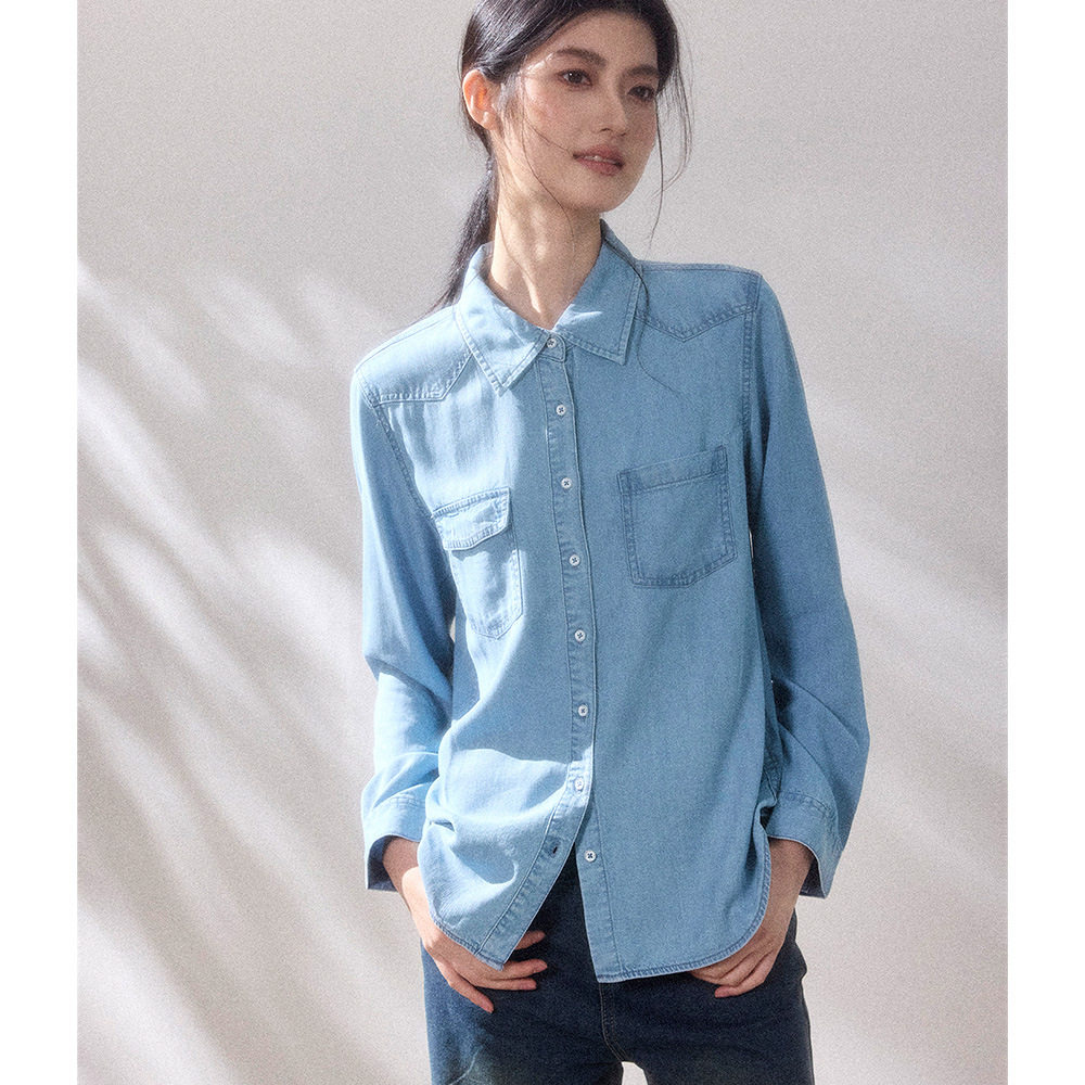 杭州圣都服饰】26春新女士蓝晶天丝牛仔高垂度长袖衬衣薄衬衫外套