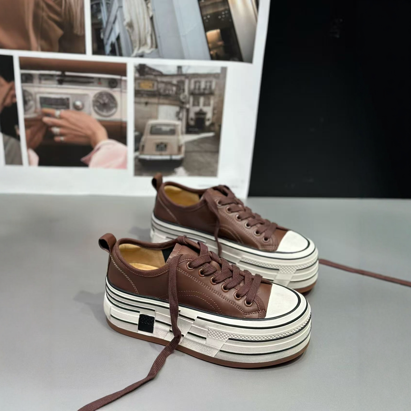 IDO真皮厚底女板鞋做旧松糕鞋秋