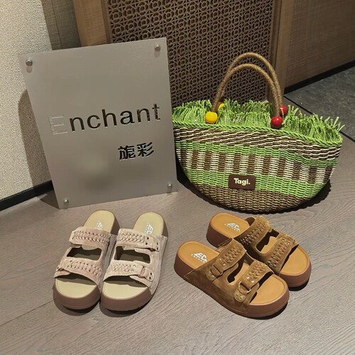 旎彩砂皮双皮带女厚底拖鞋外穿夏