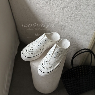 IDO夏天鞋子女2025新款爆款真皮镂空包头半拖鞋女夏外穿洞洞鞋女
