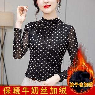 半高领加绒加厚T恤小衫女冬季新款纱网印花长袖保暖内搭打底