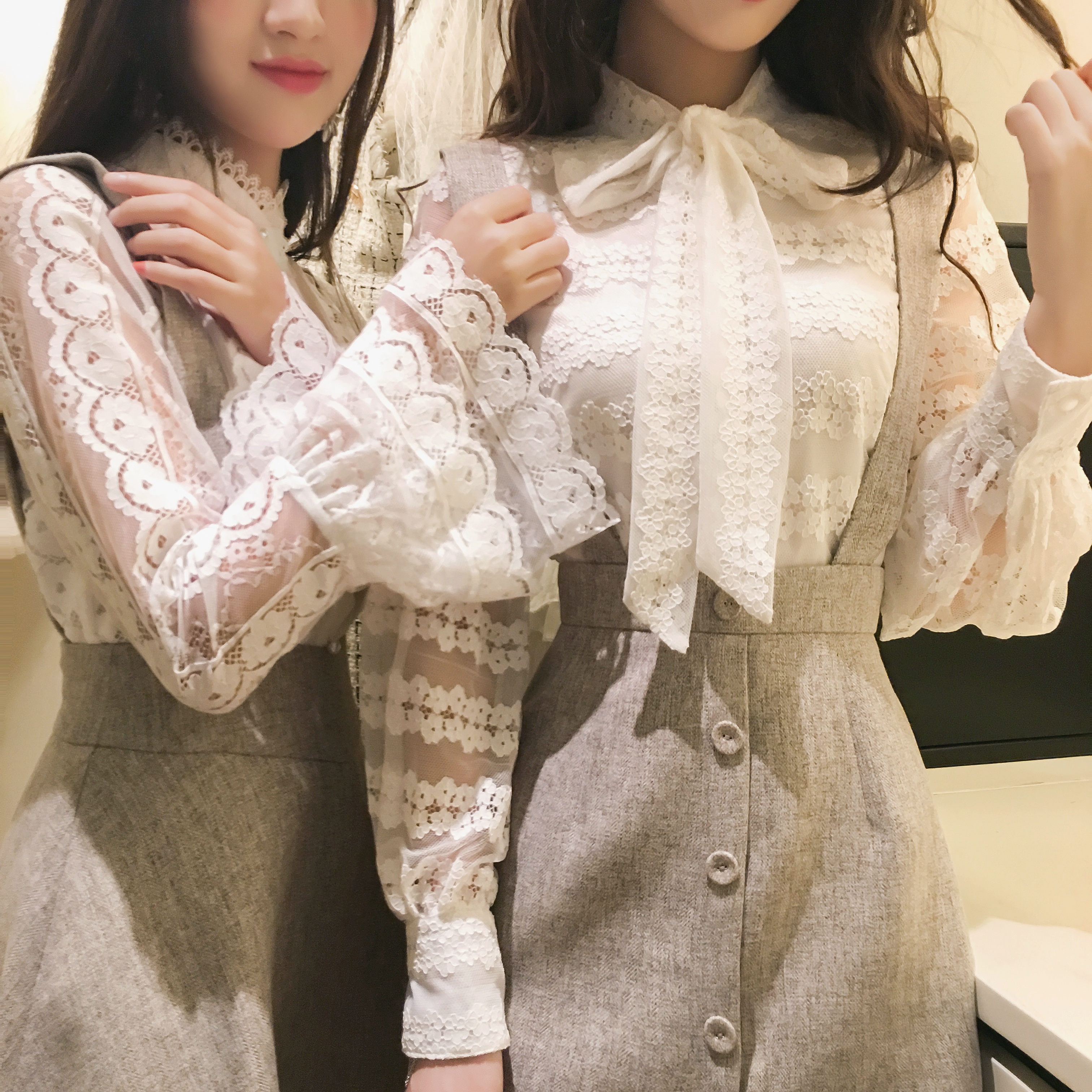 甜美公主风蝴蝶结系带百搭蕾丝花朵打底长袖衬衫女装2018秋装新款
