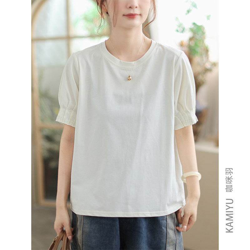 咖咪羽短袖女夏季新款时尚百搭简约纯色文艺圆领休闲女装上衣T恤
