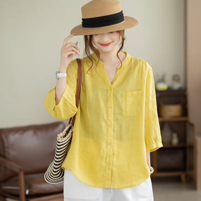 咖咪羽100%亚麻短袖衬衫女V领中袖春夏宽松显瘦七分袖衬衣上衣