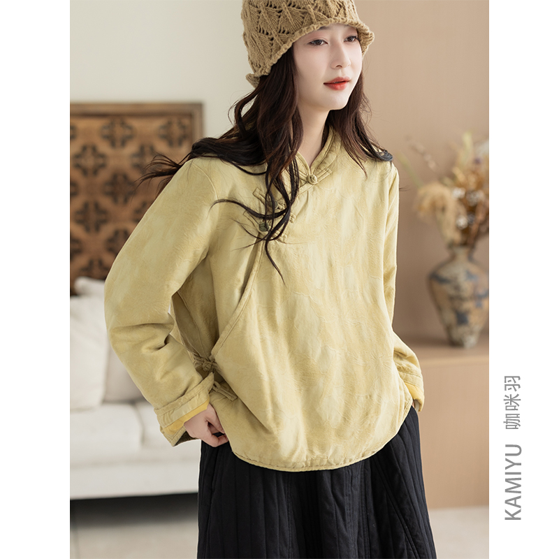 咖咪羽棉麻外套女秋冬新款复古宽松盘扣纯色洋气时尚好看棉服上衣