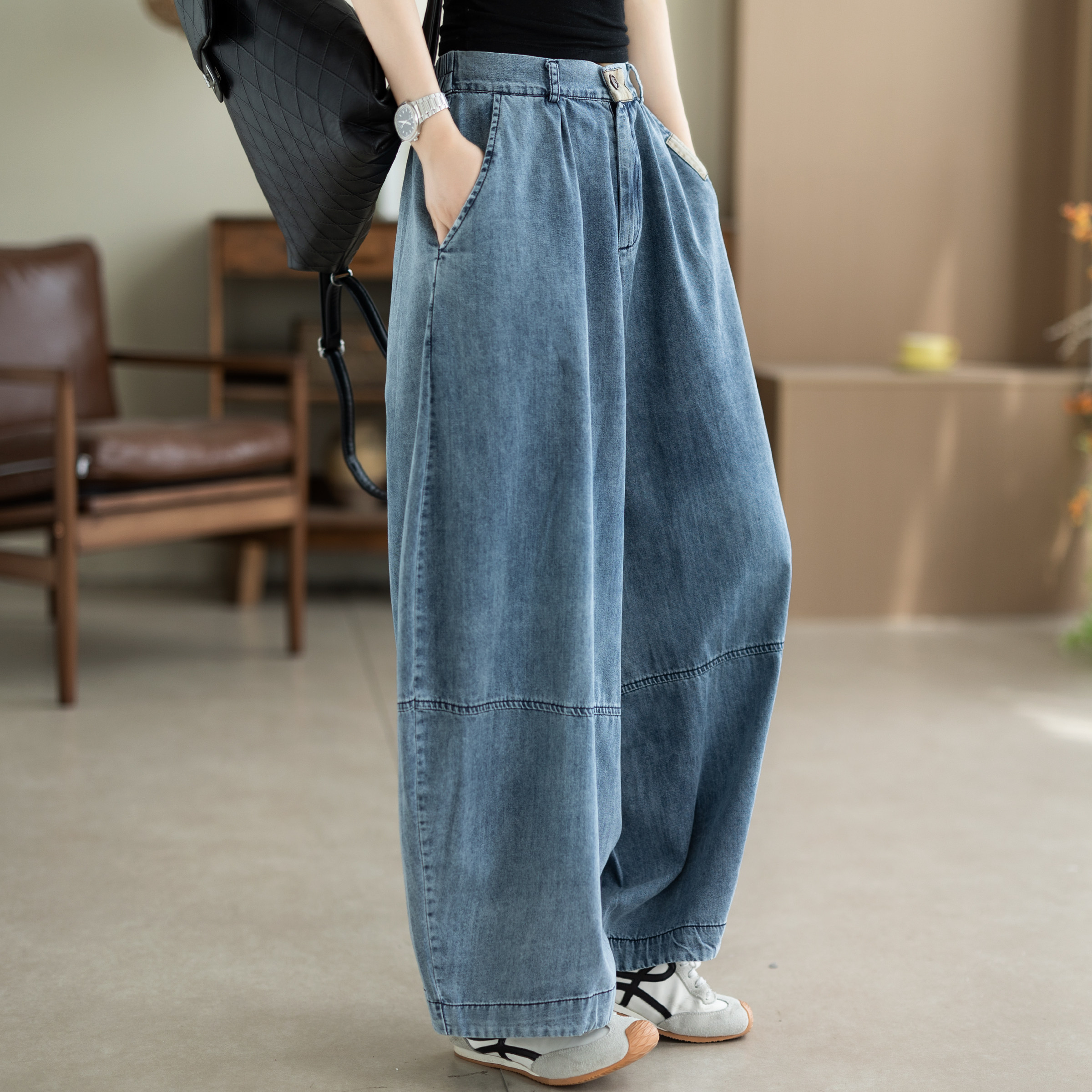 咖咪羽全棉牛仔裤女夏季新款宽松哈伦流行休闲女装老爹阔腿裤女