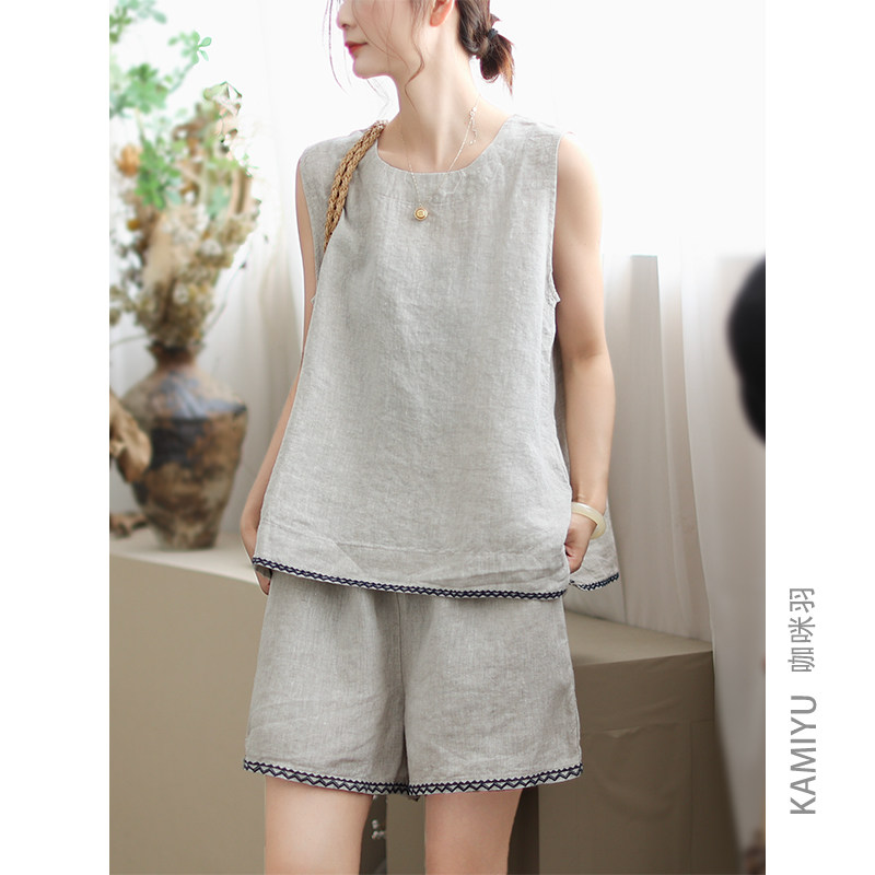 咖咪羽100%亚麻两件套夏季新款时尚女士背心纯色上衣女装五分裤女