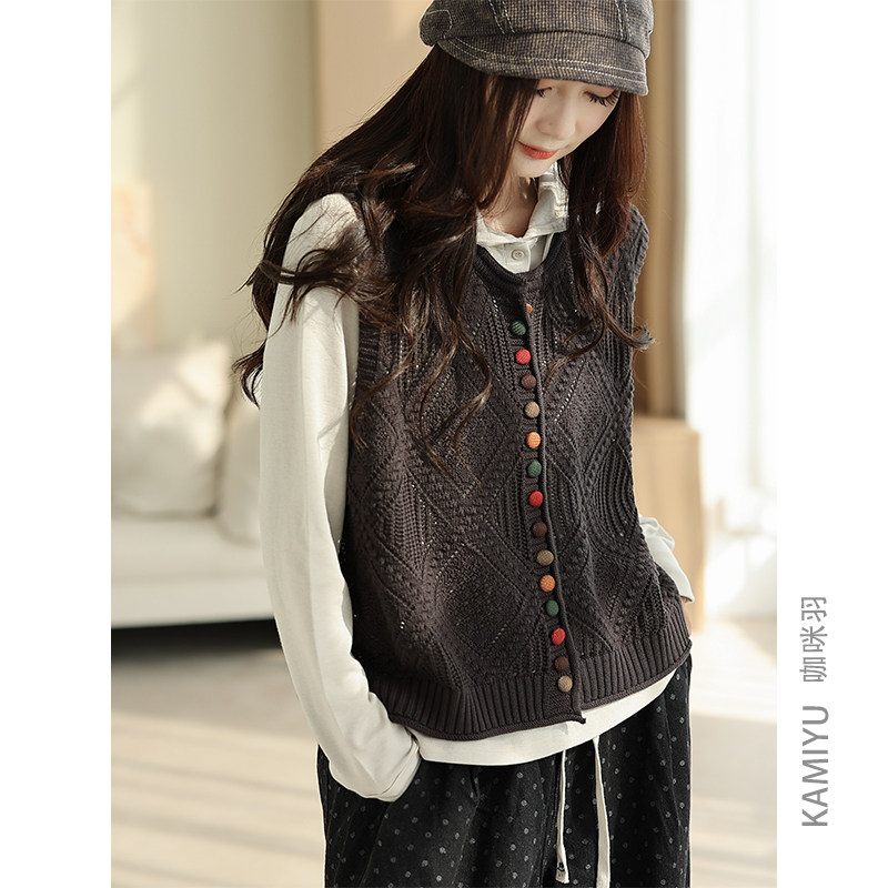 咖咪羽针织马甲女秋装新款彩扣文艺无袖女士坎肩时尚显瘦女装马夹