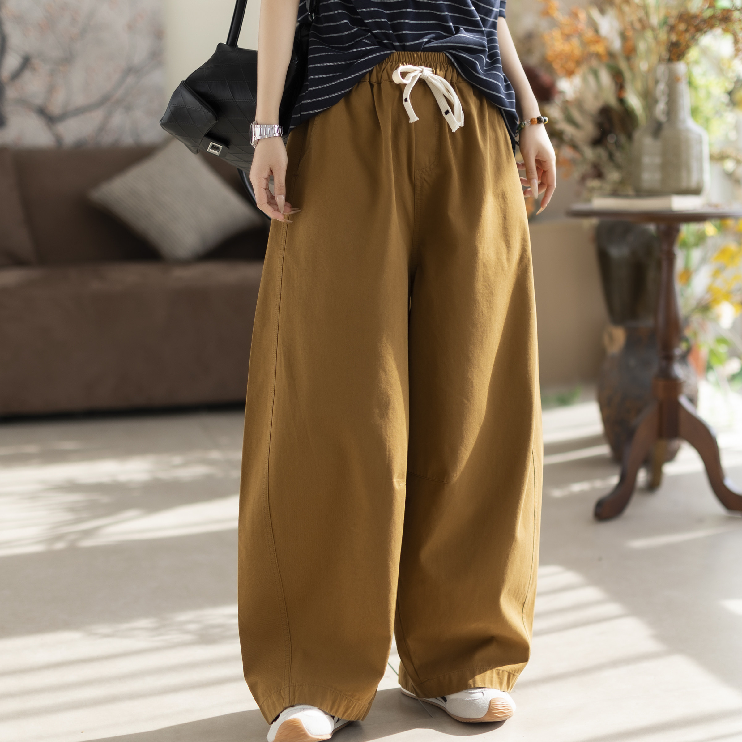 咖咪羽休闲裤女春秋款时尚洋气宽松全棉纯色系带直筒百搭阔腿裤