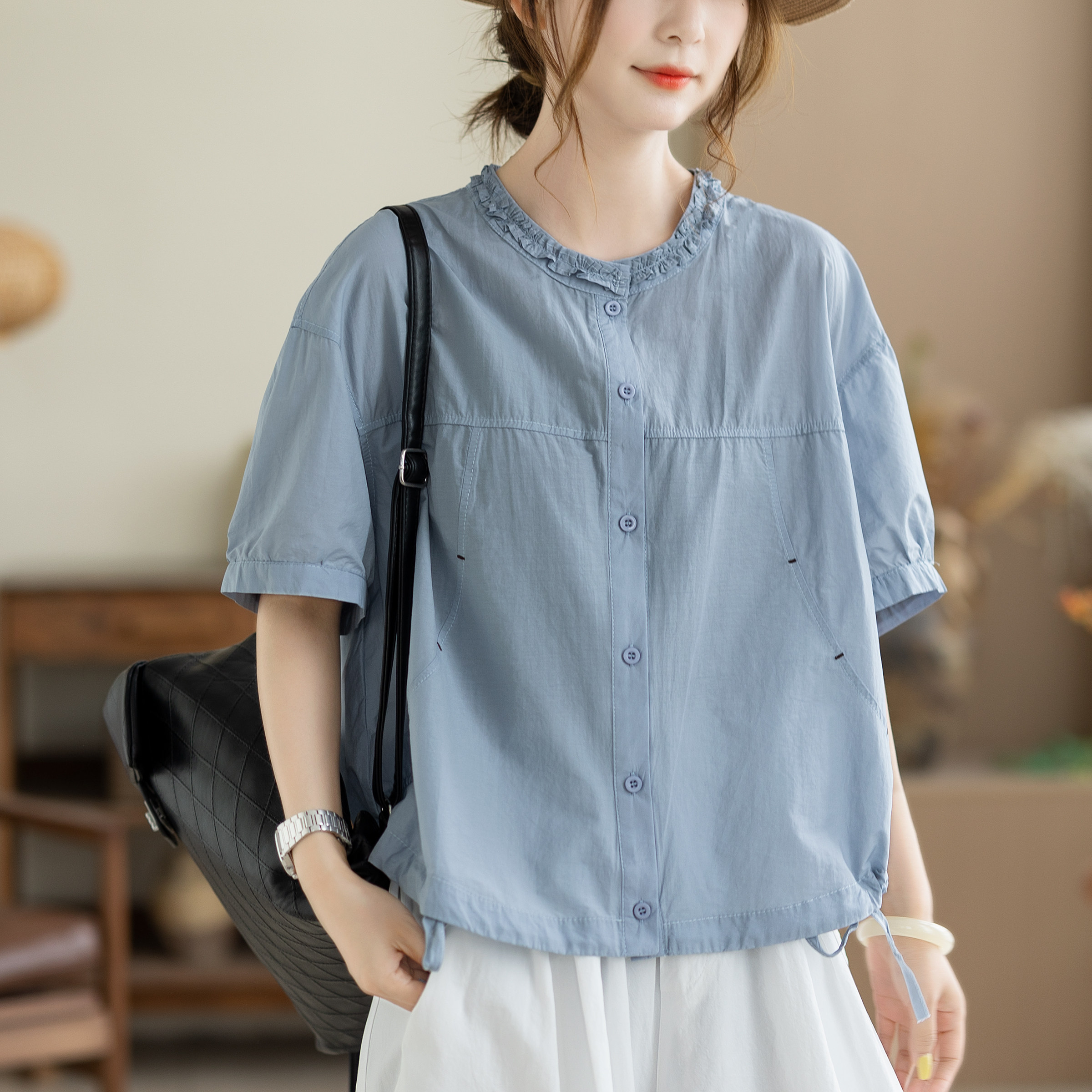 咖咪羽衬衫女文艺木耳边立领宽松遮肉显瘦休闲纯色上衣女装短袖