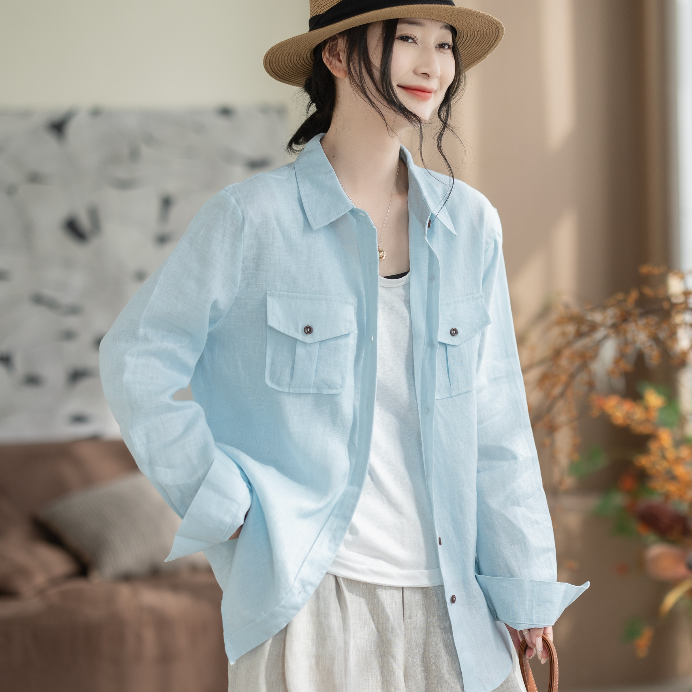 咖咪羽100%亚麻浅蓝色衬衫女夏季薄款透气防晒上衣宽松长袖衬衣女