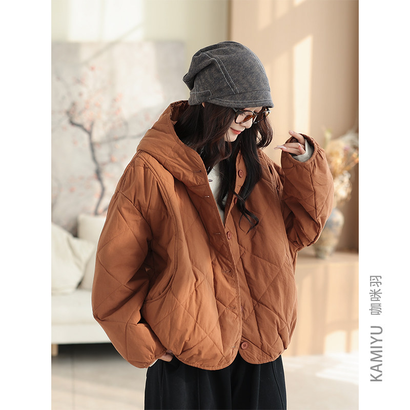 咖咪羽外套女秋冬新款文艺宽松女士连帽百搭宽松菱形格女装上衣潮