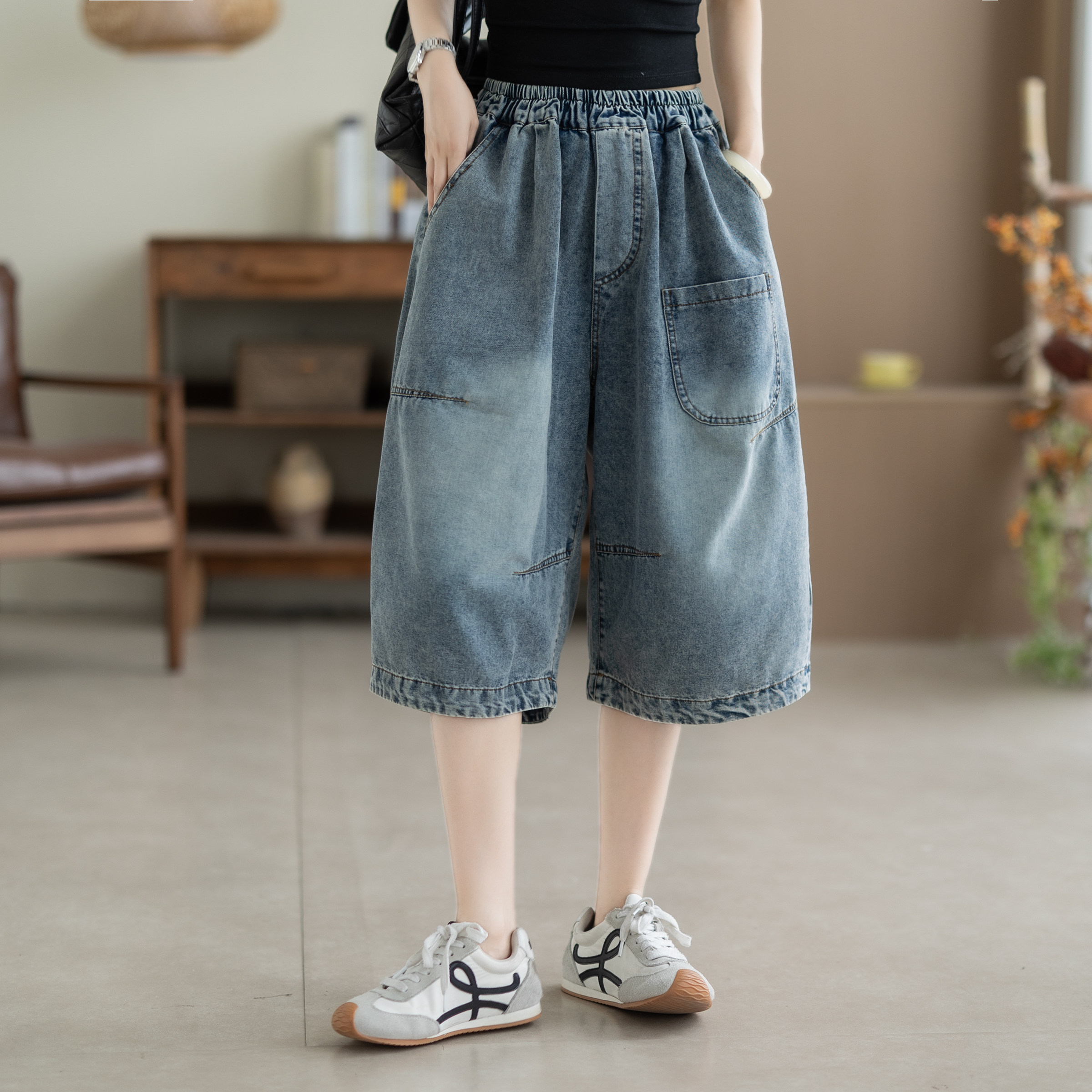 咖咪羽牛仔短裤女夏季新款大码女士复古七分裤流行女装牛仔中裤