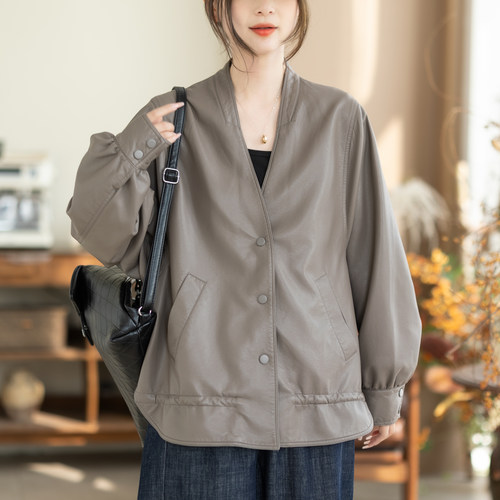 咖咪羽皮衣女秋季新款外套宽松大码休闲复古短款皮夹克女装上衣