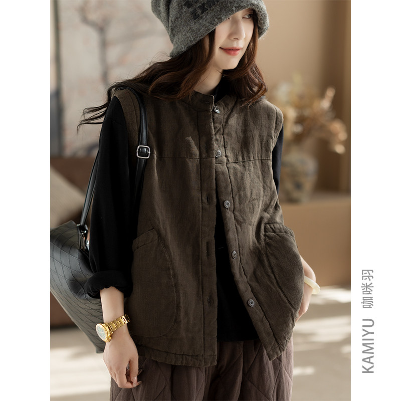 咖咪羽马甲女秋冬新款女士无袖坎肩纯色宽松百搭复古气质女装马夹