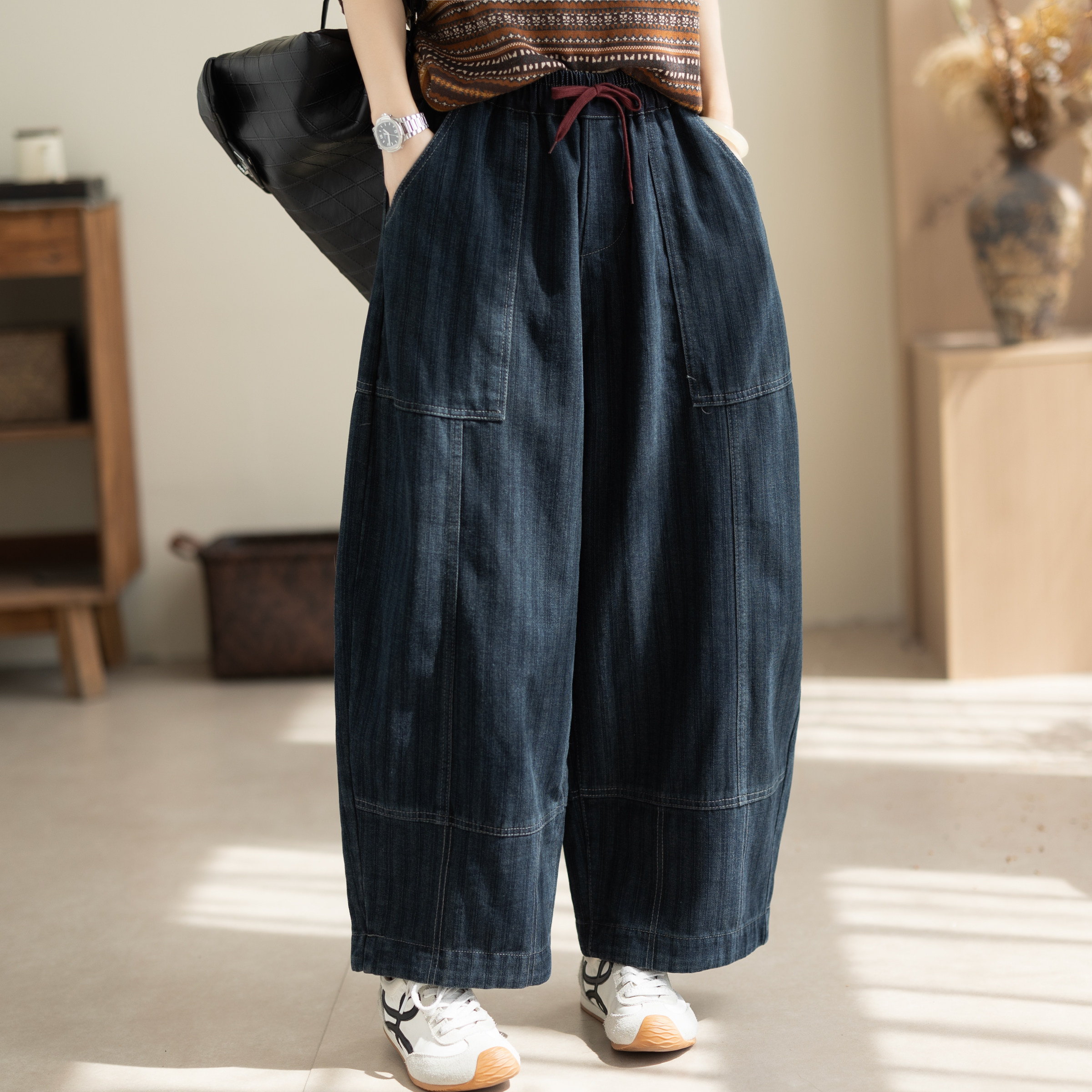 咖咪羽牛仔裤女秋季新款女博士宽松大码哈伦复古纯色拼接女装裤子