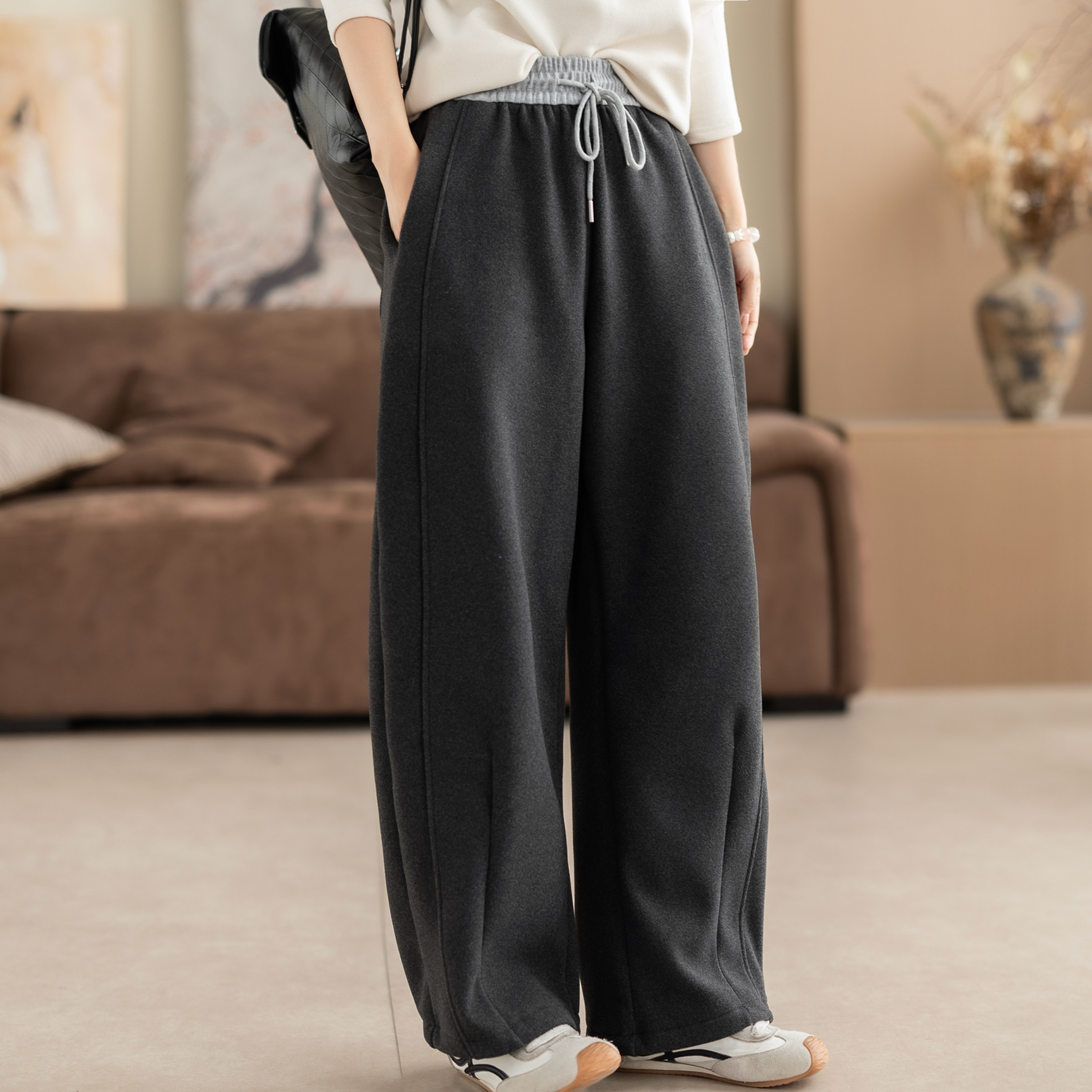 咖咪羽加绒糯米拼接高腰阔腿裤弯刀裤女秋冬撞色洋气休闲裤,女装/女士精品,休闲裤,淘宝优惠券,粉丝福利购,淘宝优惠卷