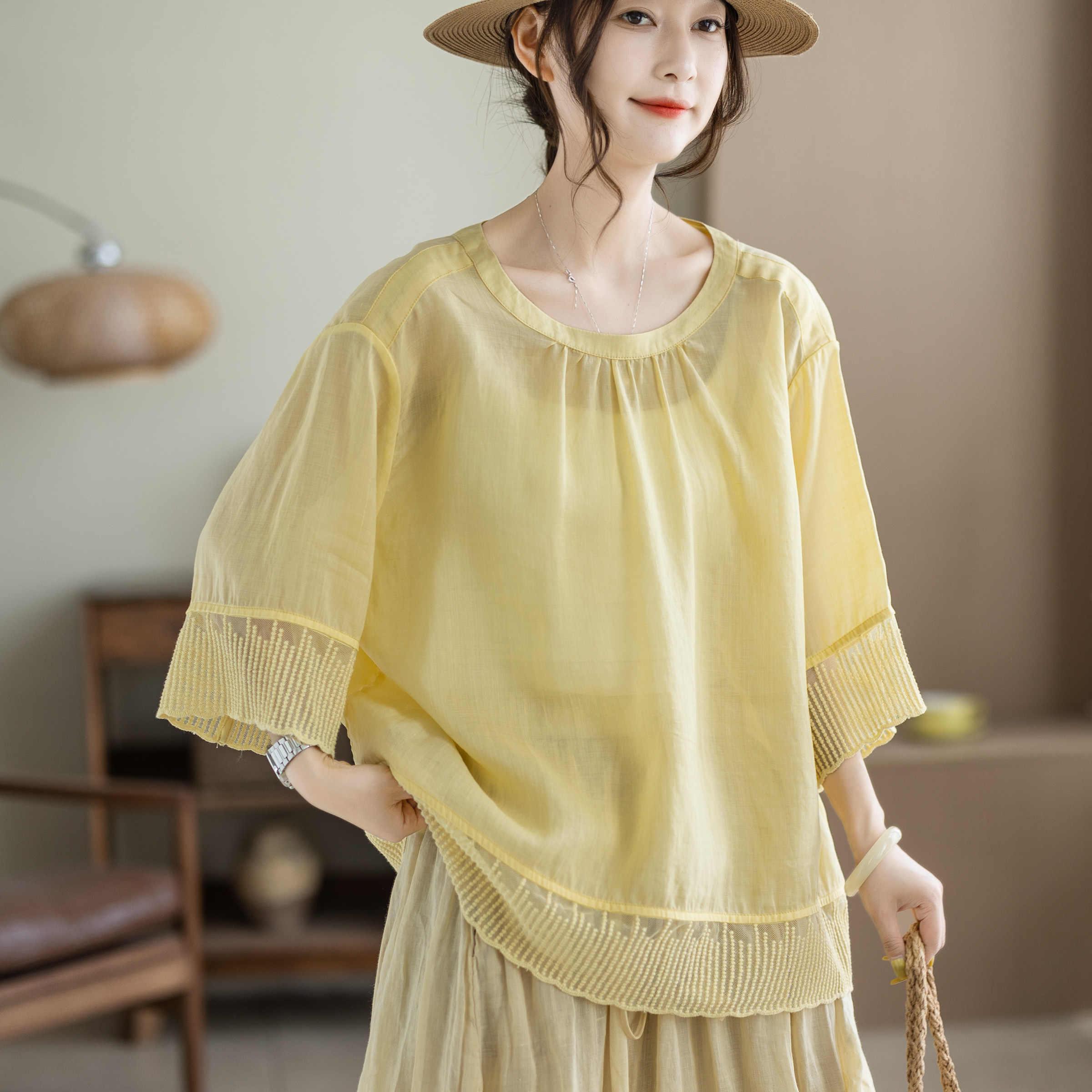 咖咪羽55%苎麻衬衫女夏季新款女士大码轻薄天丝上衣女装短袖衬衣