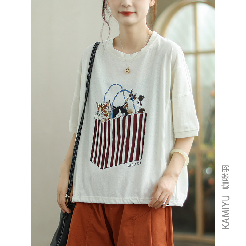 咖咪羽短袖女夏季新款圆领白色休闲印花宽松拼接百搭女装上衣T恤