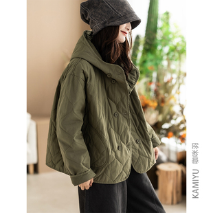 咖咪羽棉衣女冬季新款洋气时尚菱形格女士流行连帽女装棉服外套女