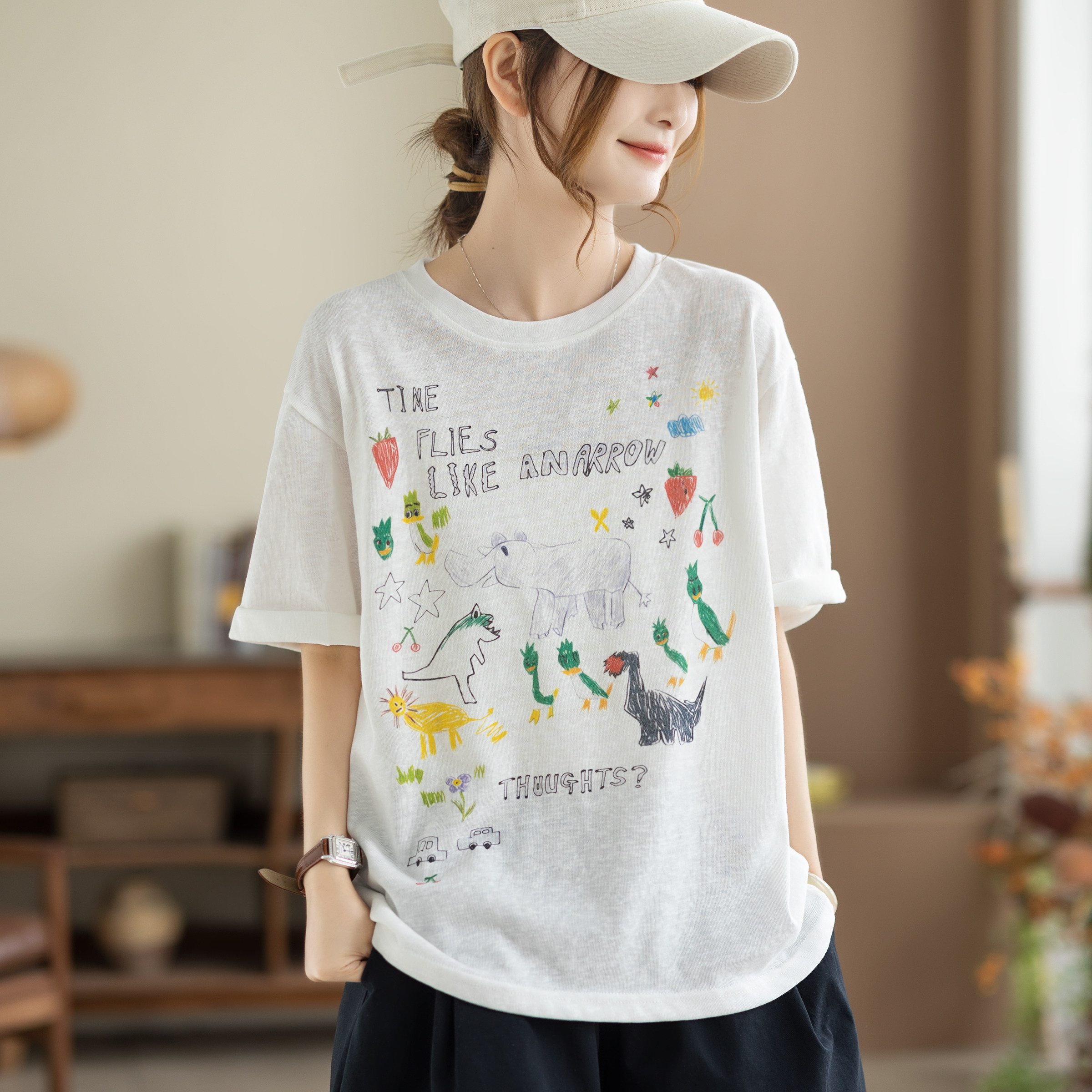 咖咪羽T恤女夏季新款圆领休闲印花宽松显瘦白色棉麻女装短袖上衣