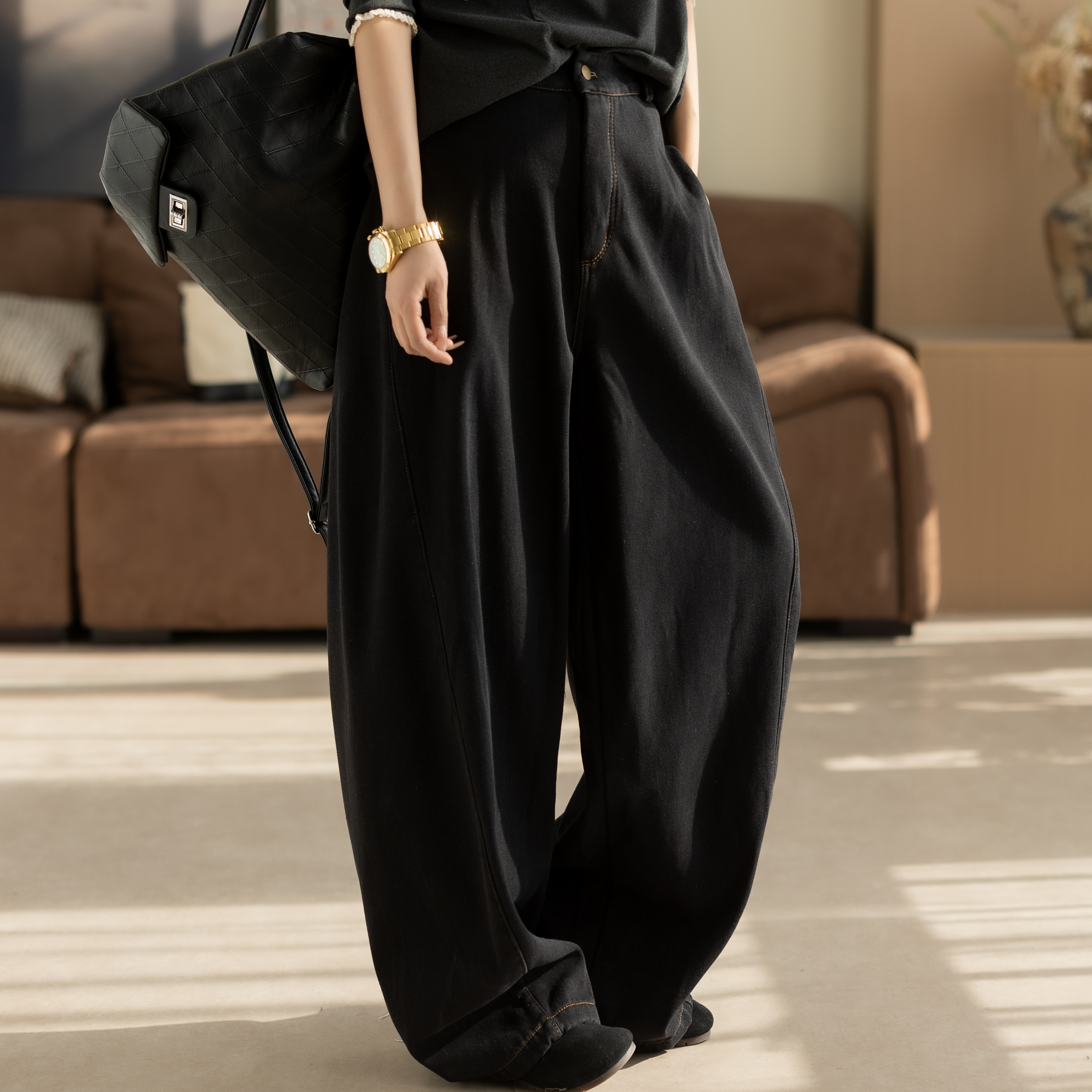 咖咪羽休闲裤女秋冬新款女士裤子加绒黑色高腰宽松流行女装阔腿裤