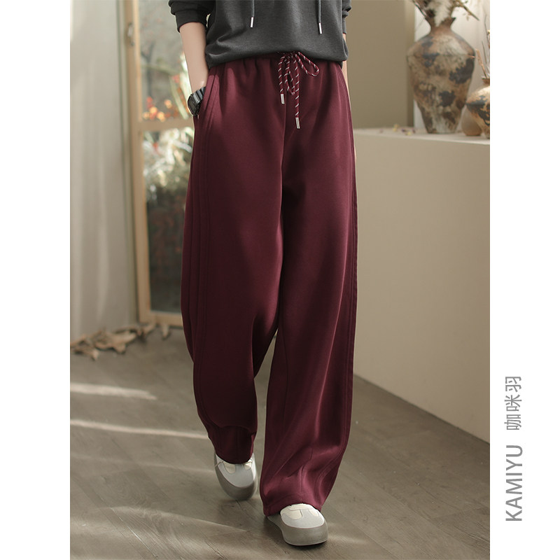 咖咪羽卫裤女秋冬新款加绒女式垂感百搭直筒气质纯色女装休闲裤女