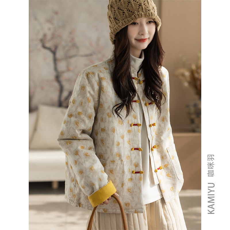 咖咪羽亚麻外套女秋冬新款女士休闲宽松流行好看盘扣复古女款棉服