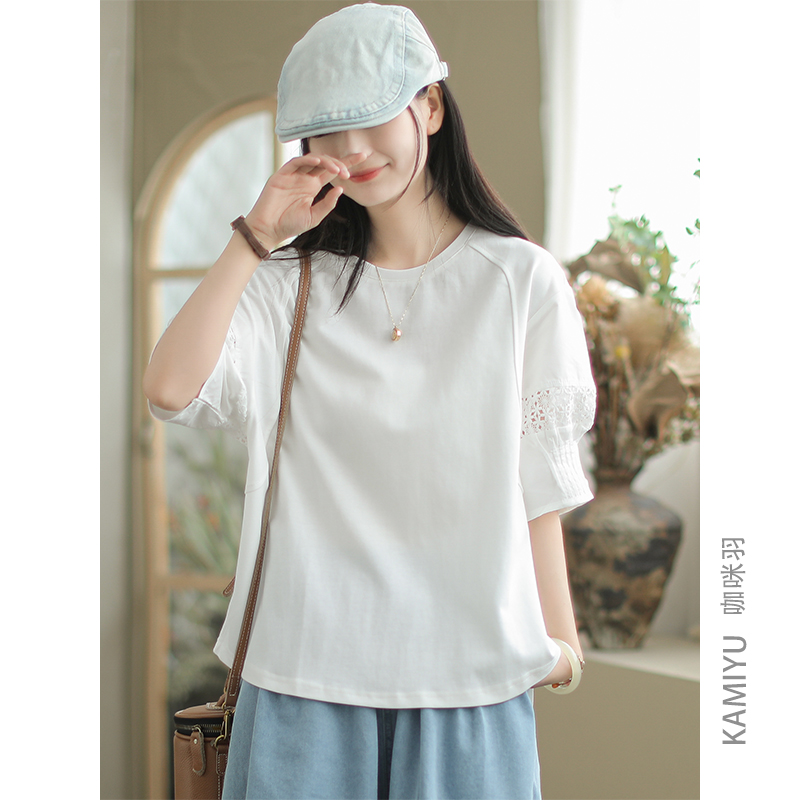 咖咪羽白色短袖女时尚百搭圆领个性镂空简约气质宽松显瘦女款T恤