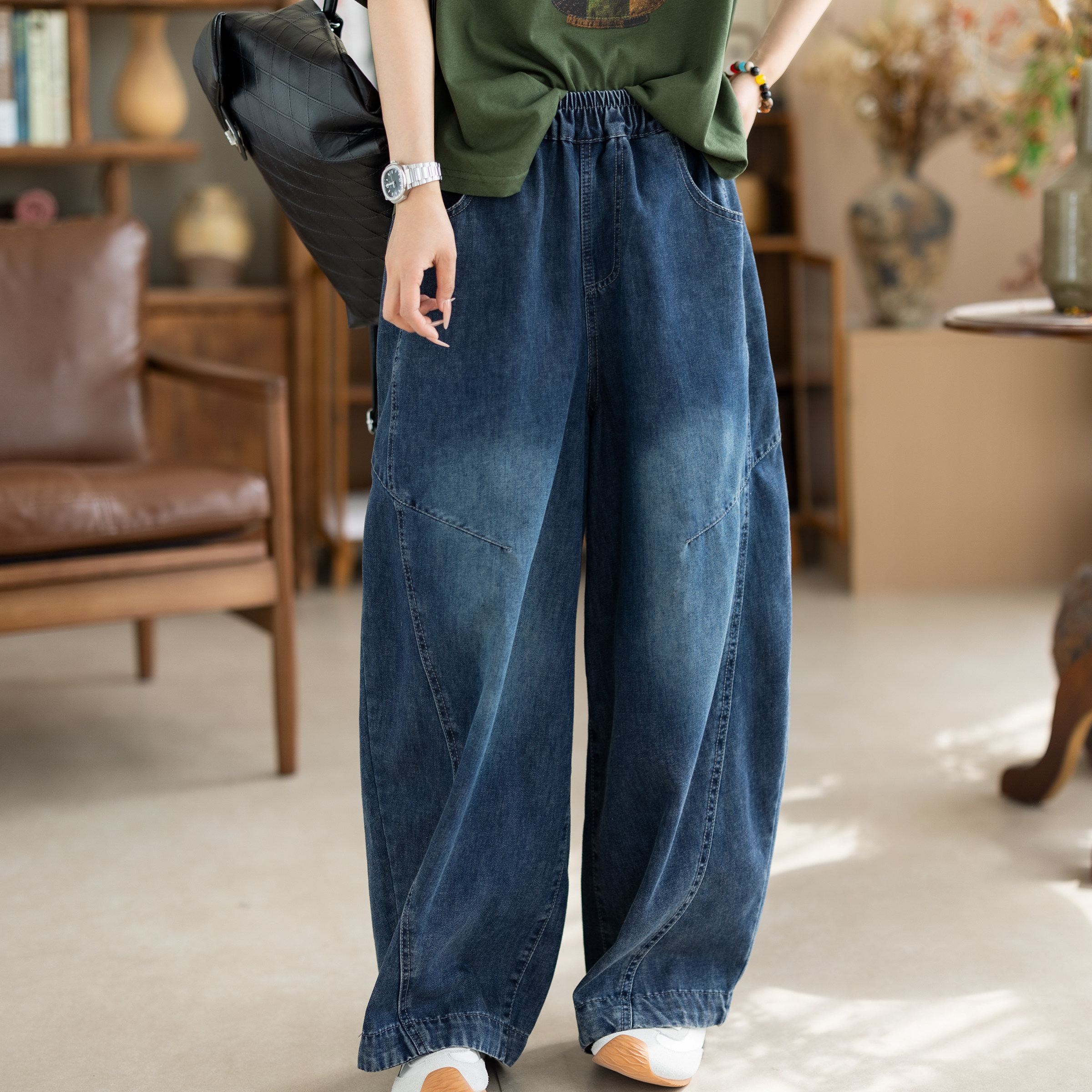 咖咪羽2026新款女士高腰宽松直筒做旧牛仔裤女大口袋显瘦哈伦裤