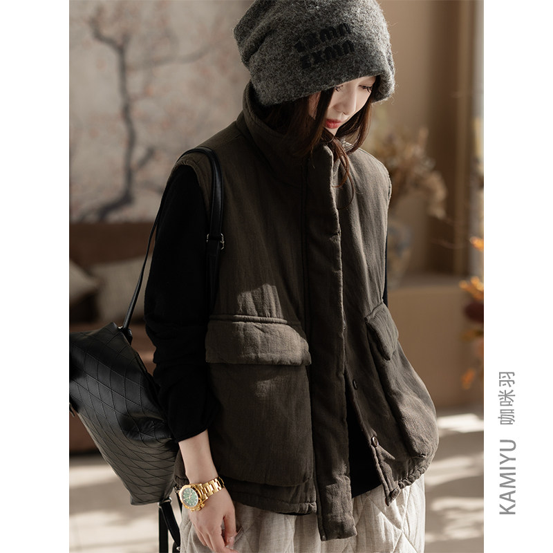 咖咪羽棉马甲女秋冬新款填充蚕丝棉无袖坎肩流行纯色宽松马夹厚