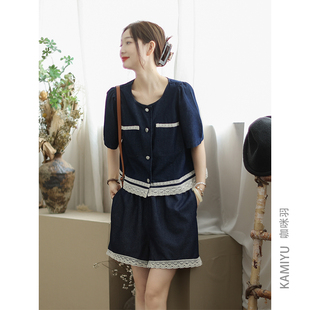 女装 咖咪羽牛仔套装 上衣百搭简约深蓝五分裤 短袖 两件套 女2025新款
