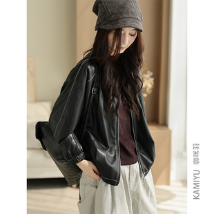 简约宽松百搭女装 黑色夹克时尚 上衣女 新款 咖咪羽皮衣外套女秋季
