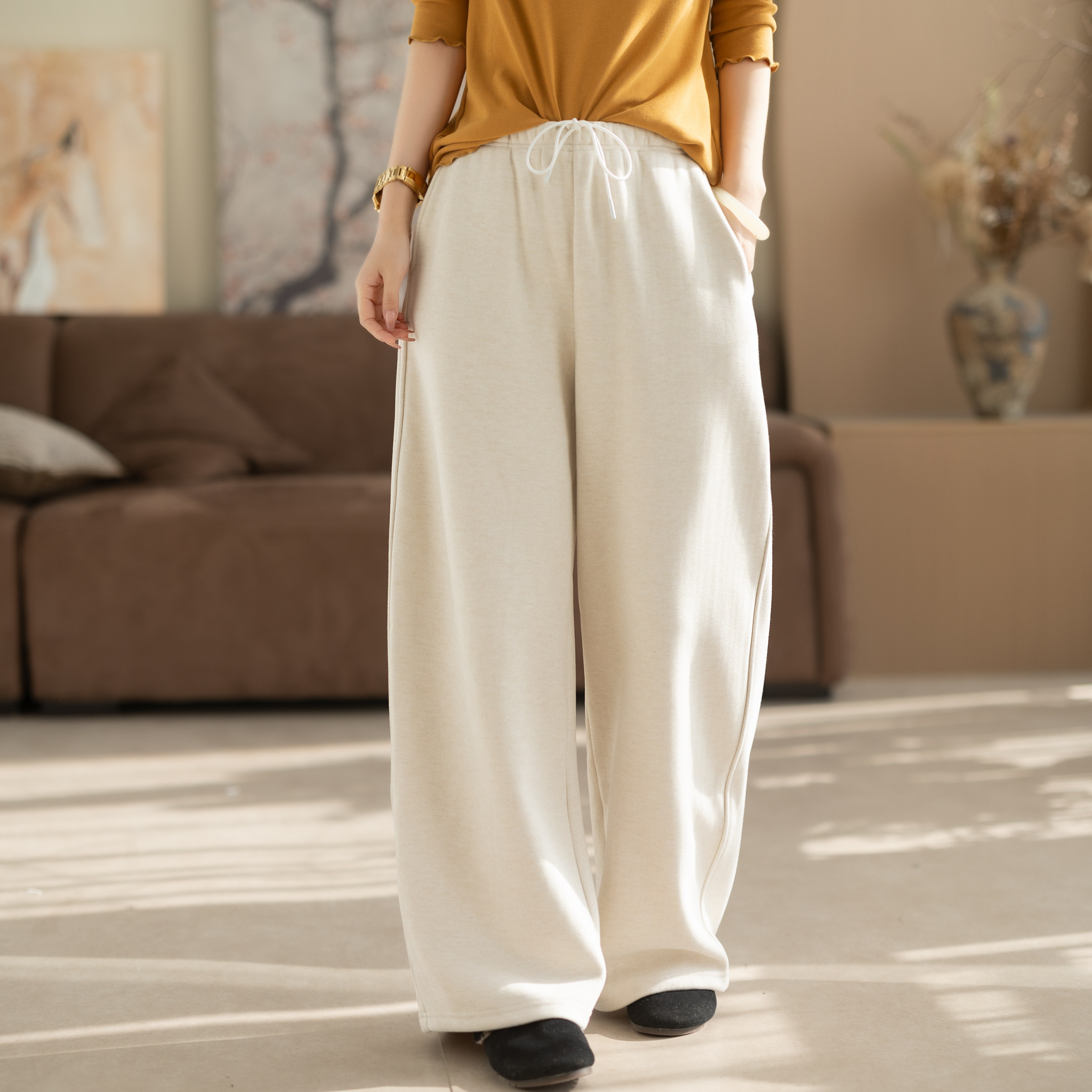 咖咪羽休闲裤女秋冬新款加绒松紧腰抽绳绵羊毛时尚通勤女装哈伦裤